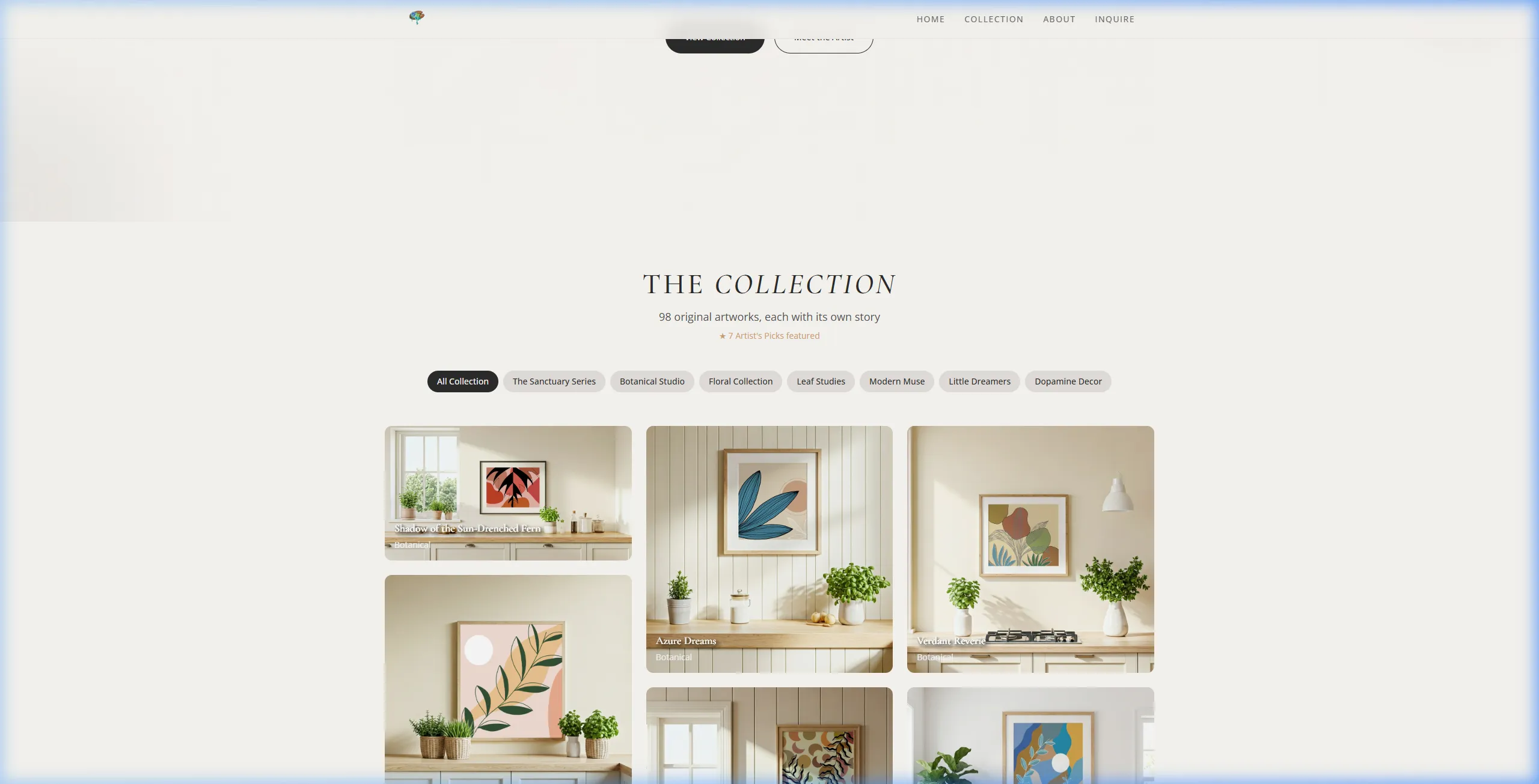 The full Collection grid — 98 original artworks with collection filter pills